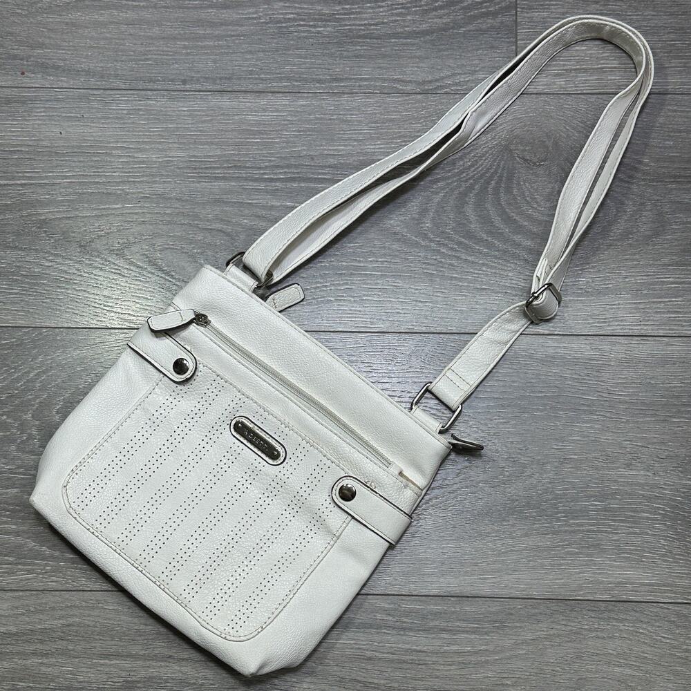 Rosetti Crossbody Handbag White Faux Leather Perforated Summer Purse Bag Lined